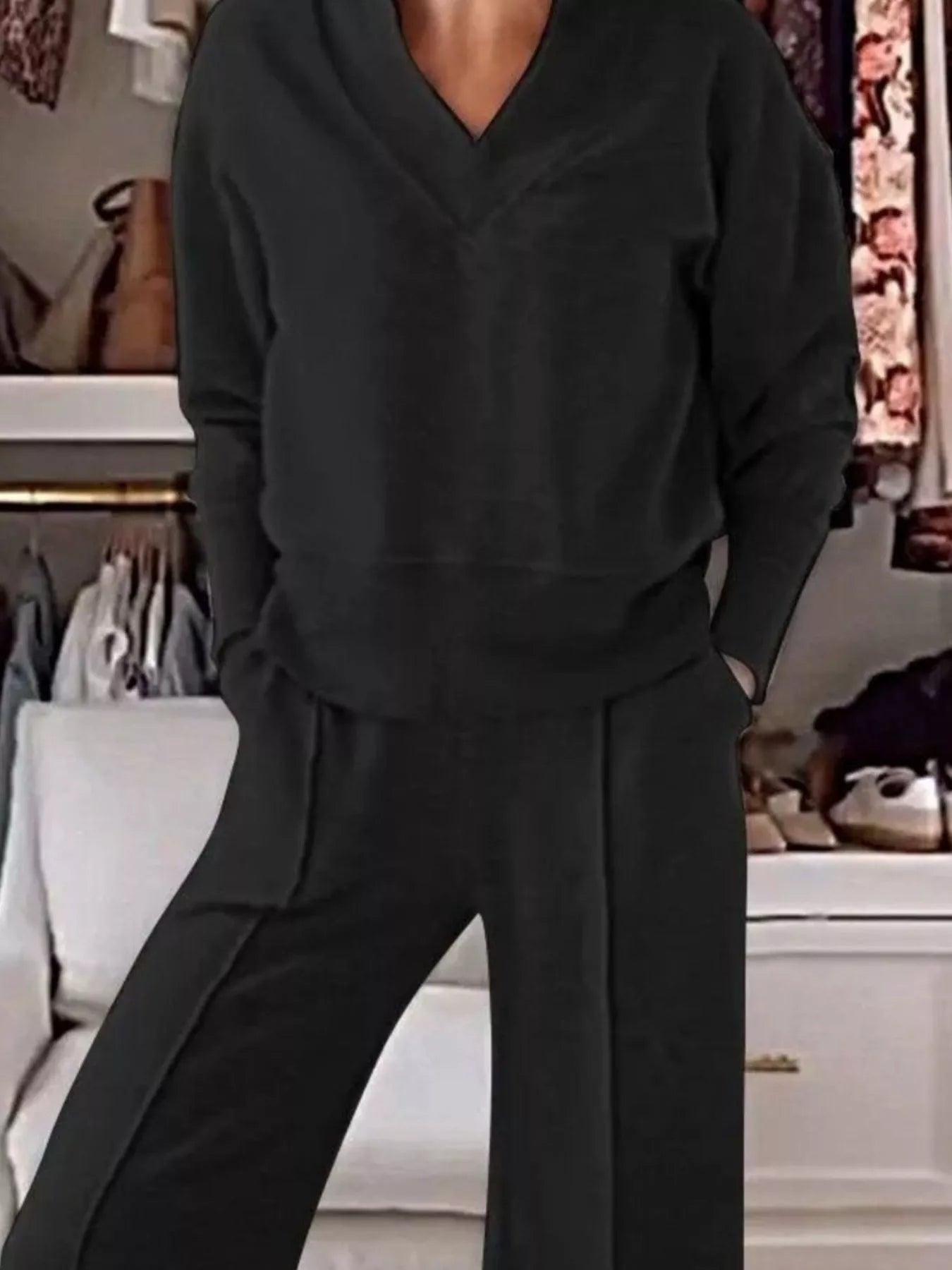 Sarah Express Women's Cozy V-Neck Top and Pants Lounge Set