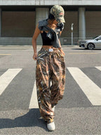 Sarah Express Women's Camo Cargo Pants Y2K - High Waist Baggy Multi-Pocket Hip-Hop Street Style