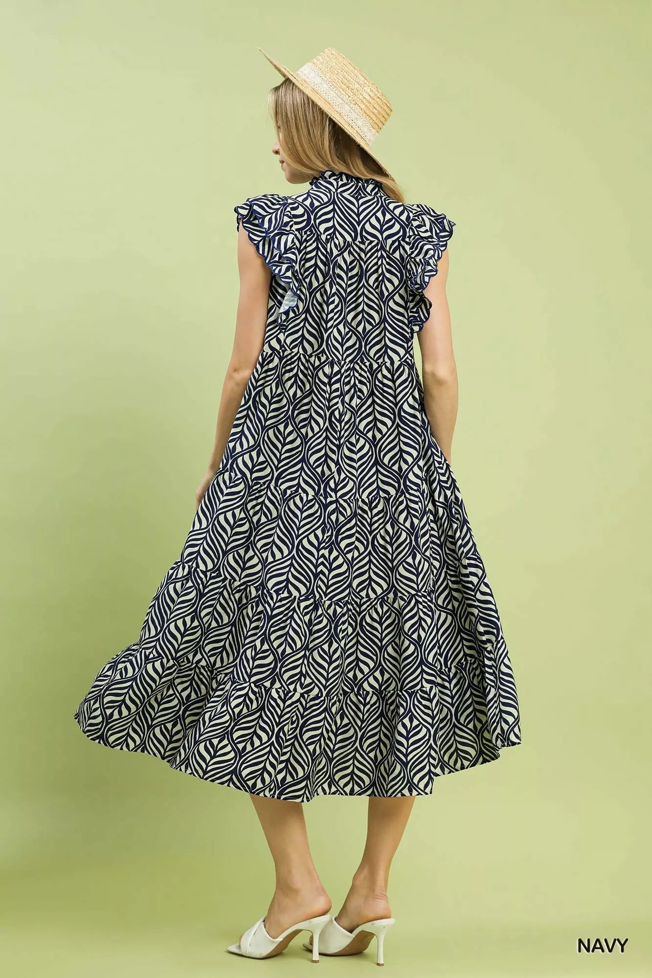 Sarah Express Women's Leaf Print Tiered Midi Dress with Ruffle Detail