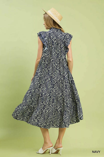 Sarah Express Women's Leaf Print Tiered Midi Dress with Ruffle Detail