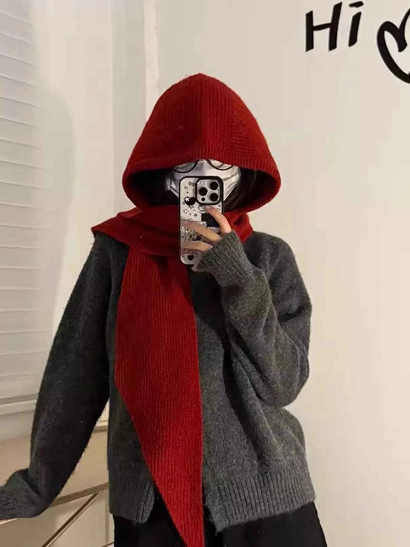 Sarah Express Women's Knitted Hat with Attached Scarf - Winter Warm Beanie Scarf Set Burgundy One Size