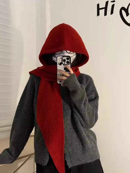 Sarah Express Women's Knitted Hat with Attached Scarf - Winter Warm Beanie Scarf Set Burgundy One Size