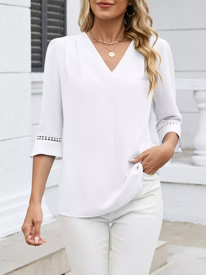 Sarah Express Women's V-Neck 3/4 Sleeve Blouse with Lace Detail White