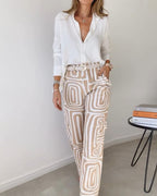 Sarah Express Women's 2-Piece Suit Set Lapel Shirt Wide Leg Pants Printed