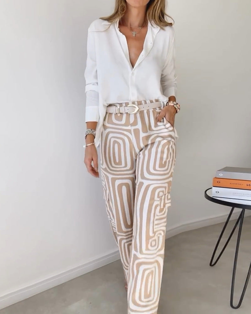 Sarah Express Women's 2-Piece Suit Set Lapel Shirt Wide Leg Pants Printed