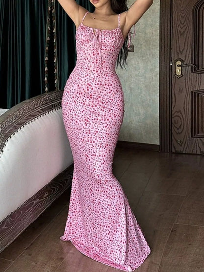 Sarah Express Women's Floral Print Tie Strap Bodycon Maxi Dress Pink