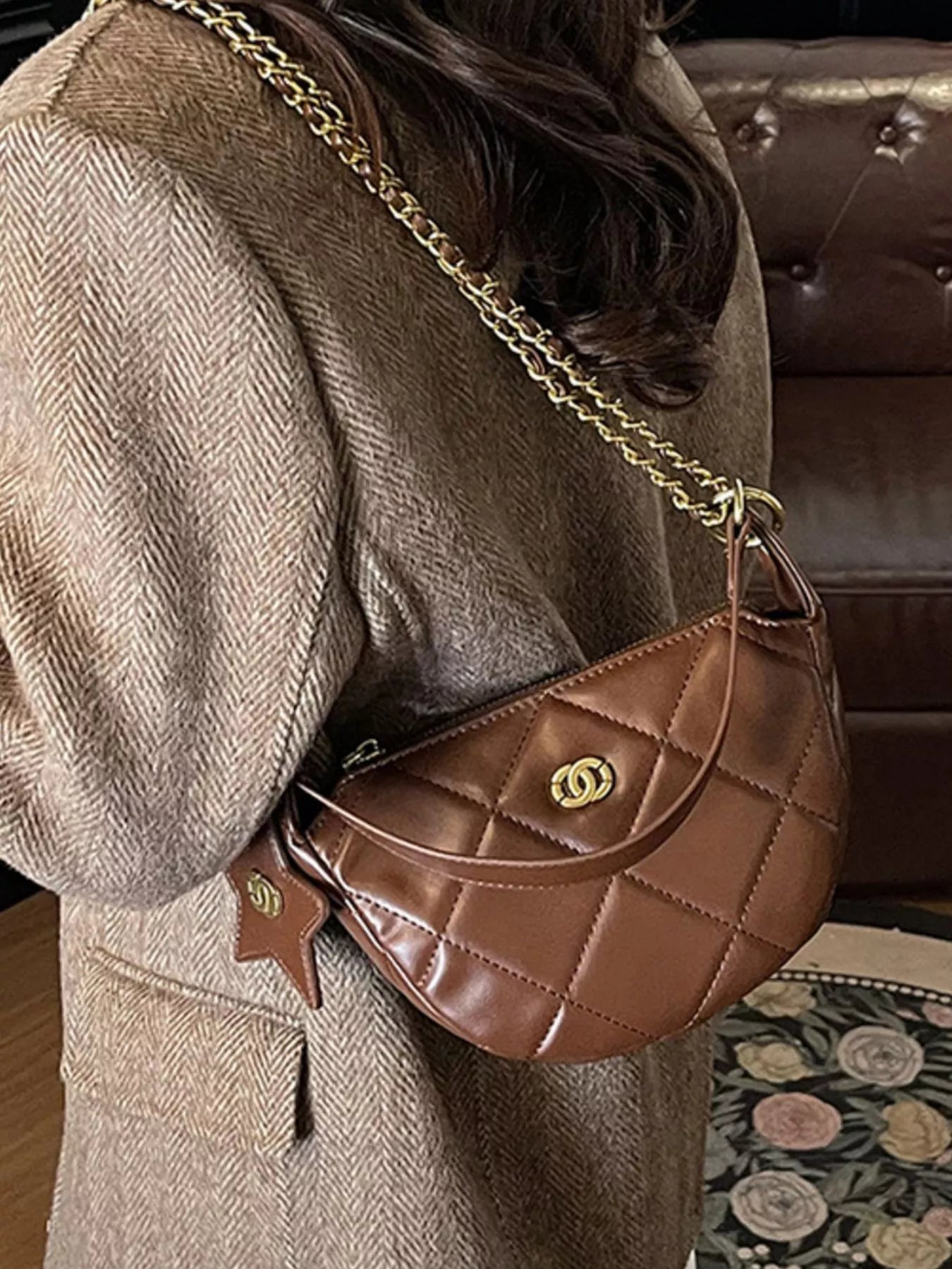 Sarah Express Women's Quilted Chain Crossbody Bag - Mini PU Leather Shoulder Purse