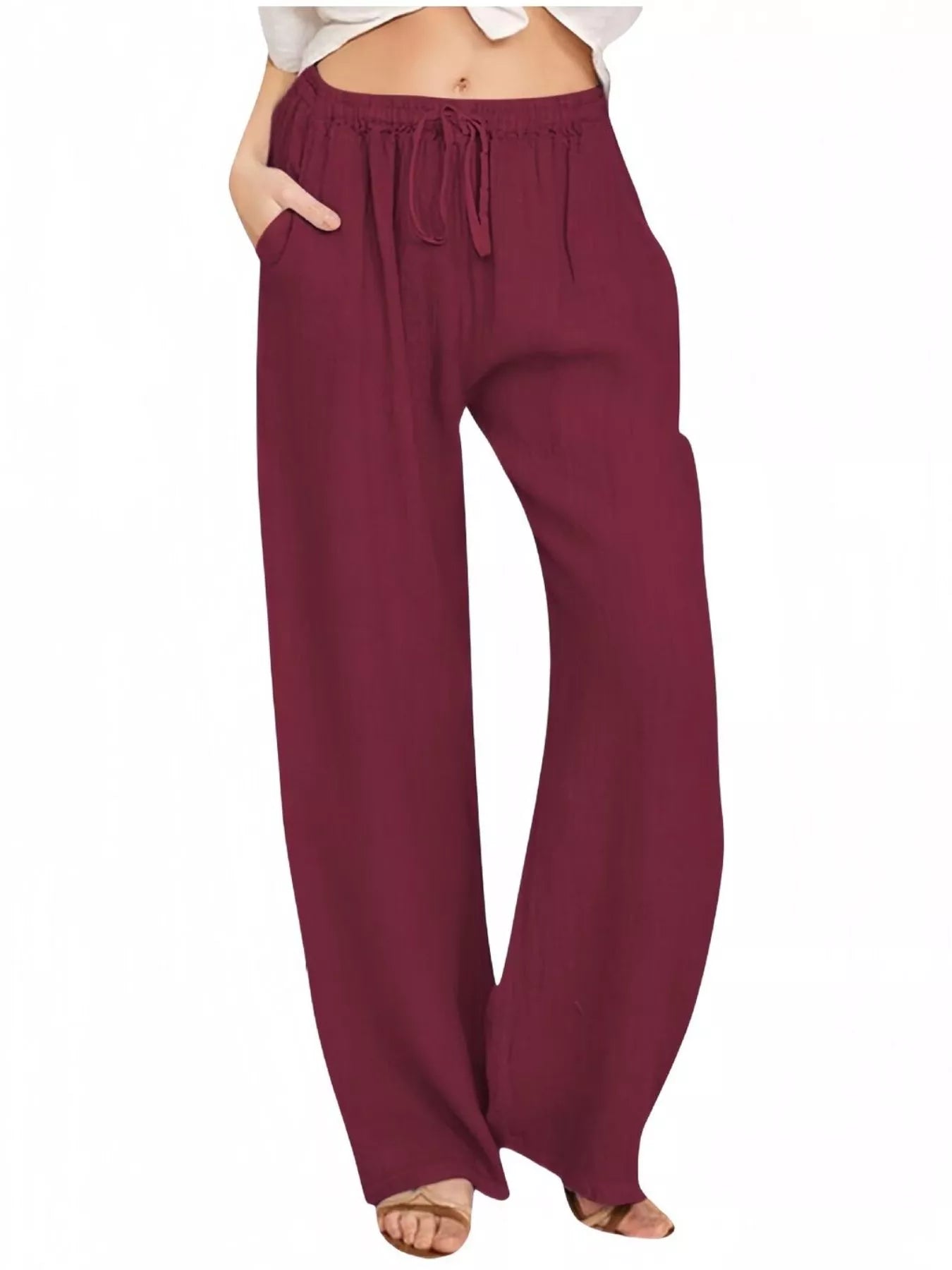 Sarah Express Women's Casual Wide Leg Pants with Drawstring Dark Red