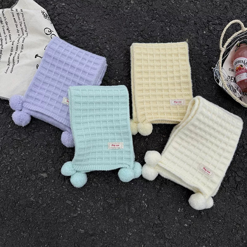 Sarah Express Women's Waffle Knit Pom-Pom Scarf - Cozy Winter Accessory