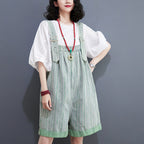 Sarah Express Women's Striped Denim Shortalls High Waist Wide Leg - Summer Casual Urban Overalls