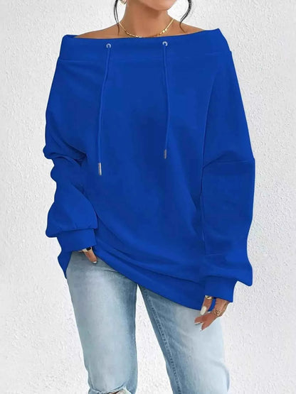 Sarah Express Women's Off-Shoulder Drawstring Sweatshirt - Casual Pullover Top Royal Blue