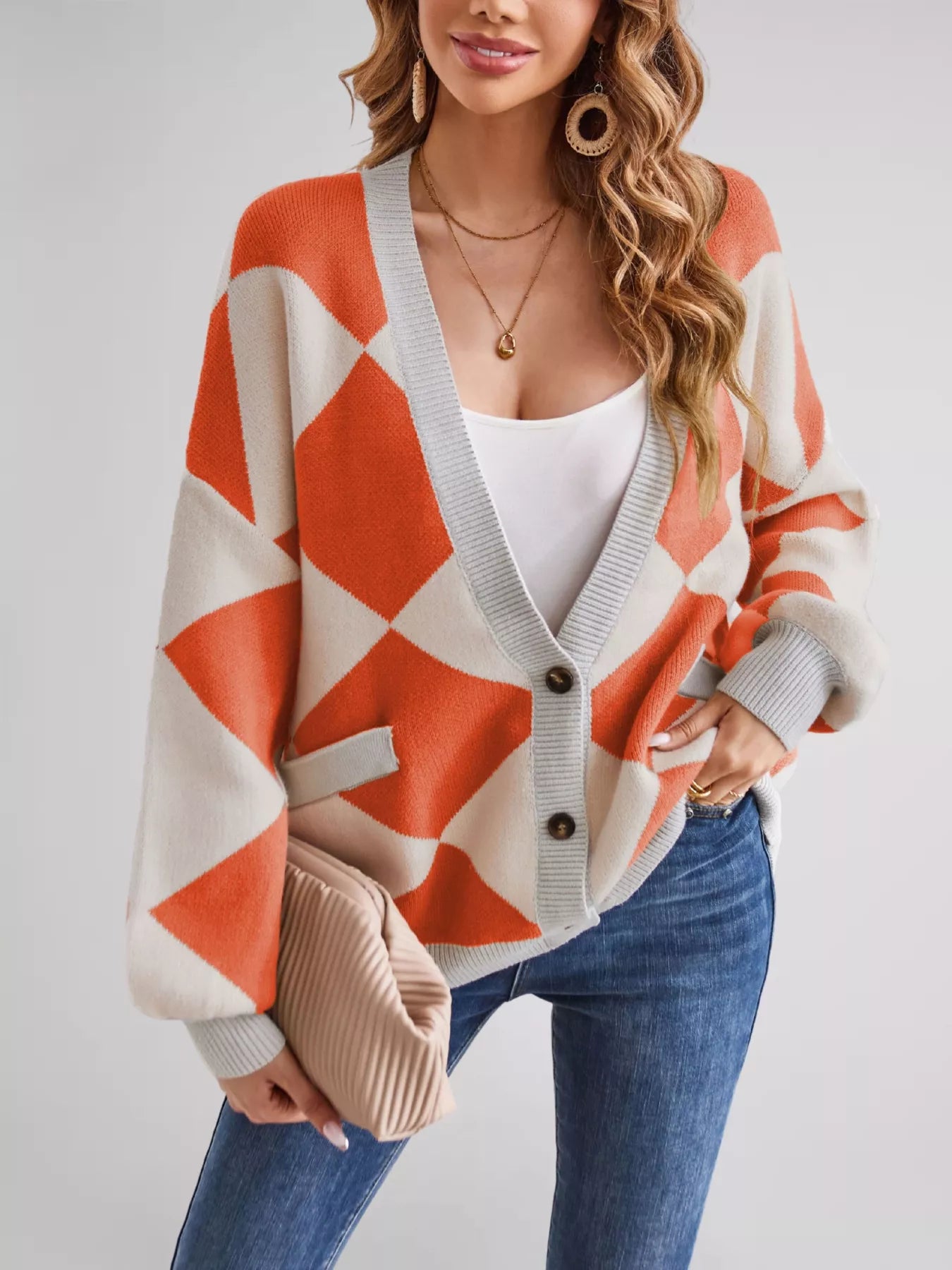 Sarah Express Women's Diamond Pattern Button-Up Knit Cardigan Orange Red