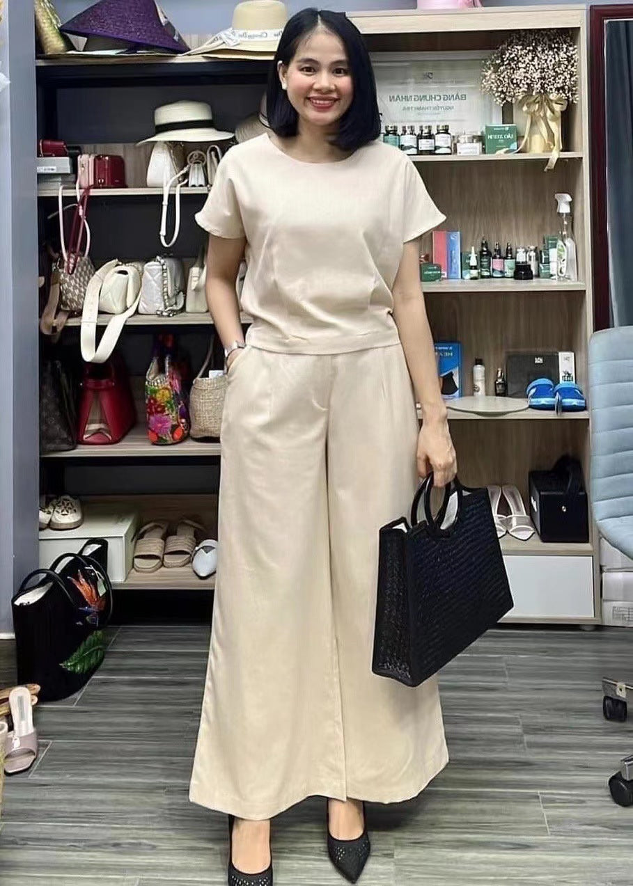 Sarah Express Cotton Linen Two-Piece Set Casual Loose Top Pants Outfit