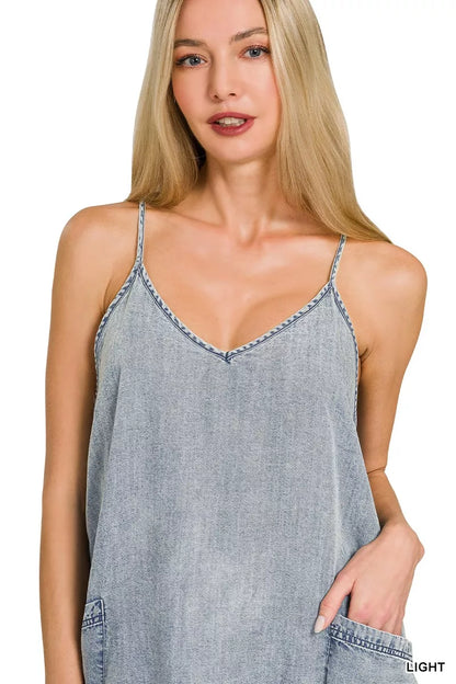 Sarah Express Women's Enzyme Stone Washed Lyocell Mini Dress with Pockets - V-Neck Sleeveless Summer Dress