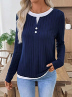 Sarah Express Women's Ribbed Knit Button Detail Contrast Sweater