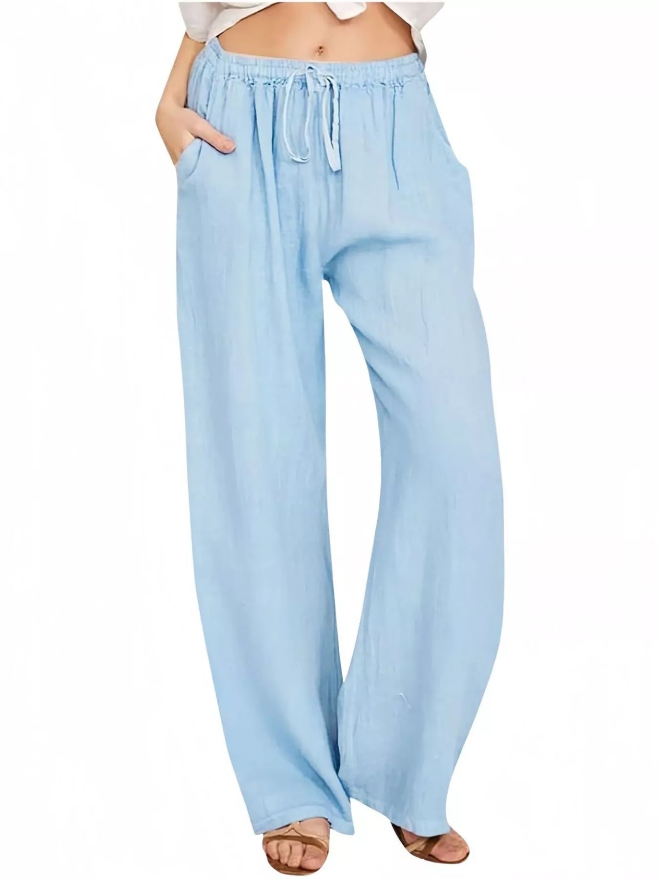 Sarah Express Women's Casual Wide Leg Pants with Drawstring Light Blue