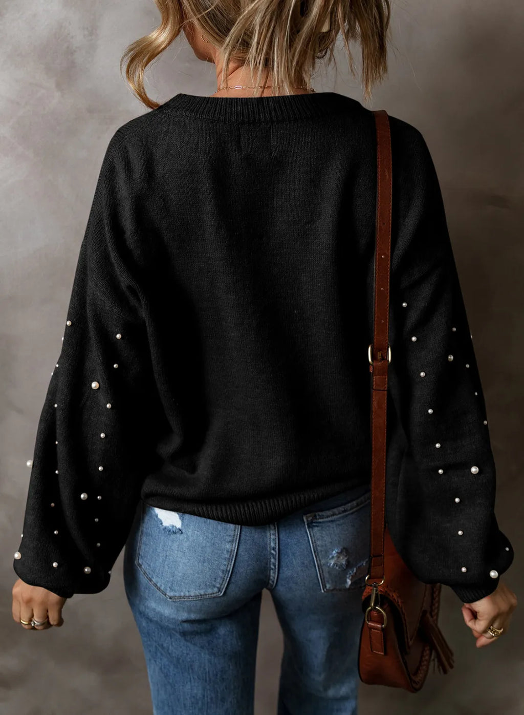 Sarah Express Women's Pearl Detail Round Neck Sweater Long Sleeve Elegant Fall Winter Casual Work