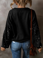 Sarah Express Women's Pearl Detail Round Neck Sweater Long Sleeve Elegant Fall Winter Casual Work