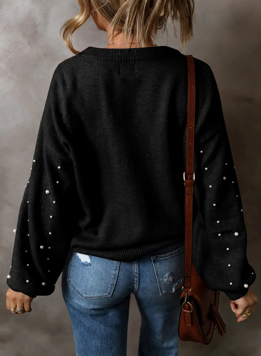 Sarah Express Women's Pearl Detail Round Neck Sweater Long Sleeve Elegant Fall Winter Casual Work