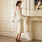 European And American-style Off-neck Lace Bell Sleeve Wooden Ear Slim-fit Long Dress