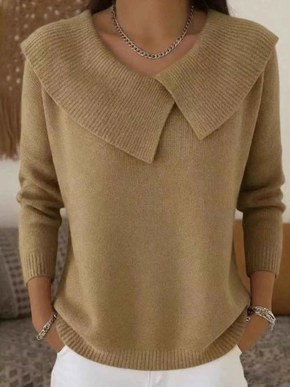 Sarah Express Women's Plus Size Solid Color Ribbed Hem Sweater - Casual Knitwear Top Khaki