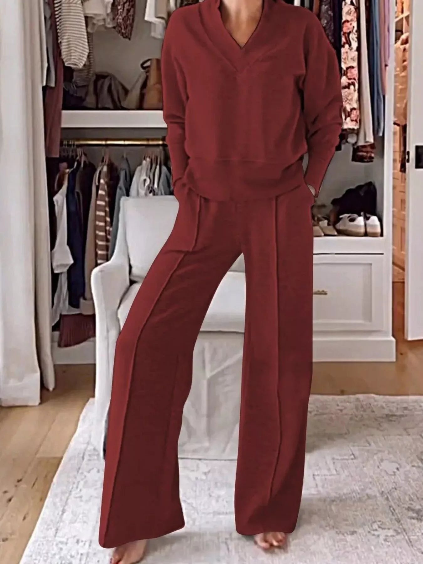Sarah Express Women's Cozy V-Neck Top and Pants Lounge Set Burgundy
