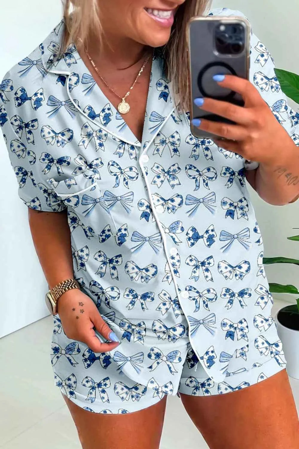 Sarah Express Women's Bow Print Button Up Pajama Set - Short Sleeve Top & Shorts Light Blue