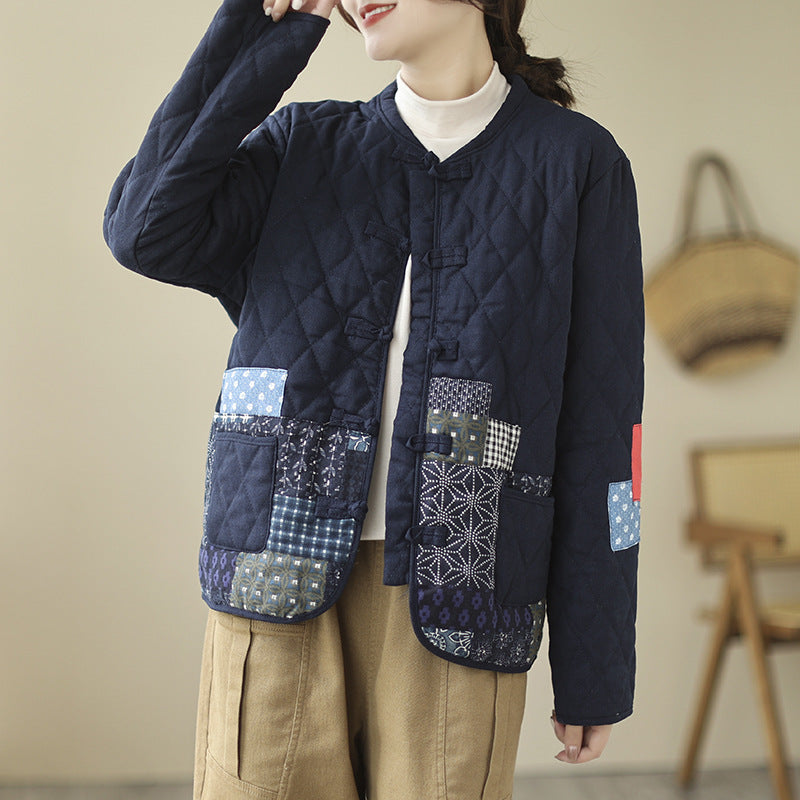 Sarah Express Women's Vintage Patch Cardigan Jacket Cotton-Padded Buckle Closure Rhombus Pattern Coat