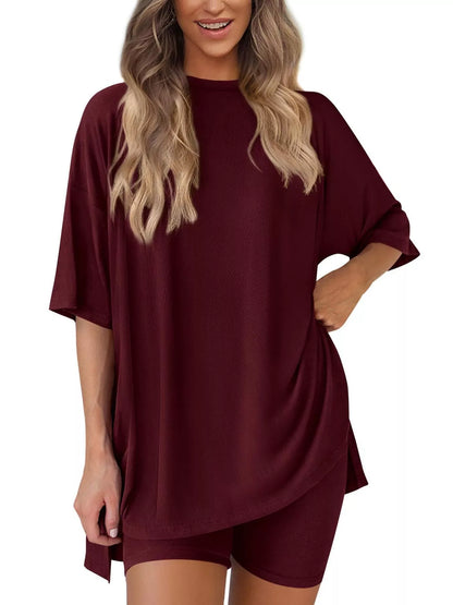 Sarah Express Women's Relaxed Fit Round Neck Top and Shorts Two-Piece Set - Plus Size Loungewear