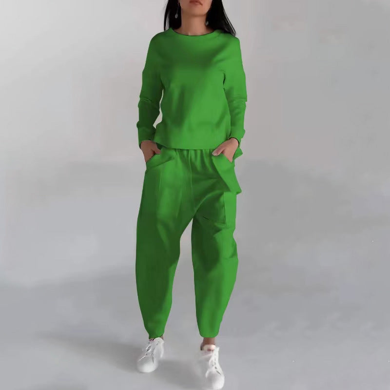 Sarah Express Women's Two Piece Sweatshirt Set - Long Sleeve Top with Back Slit & Loose Trousers with Pockets Green