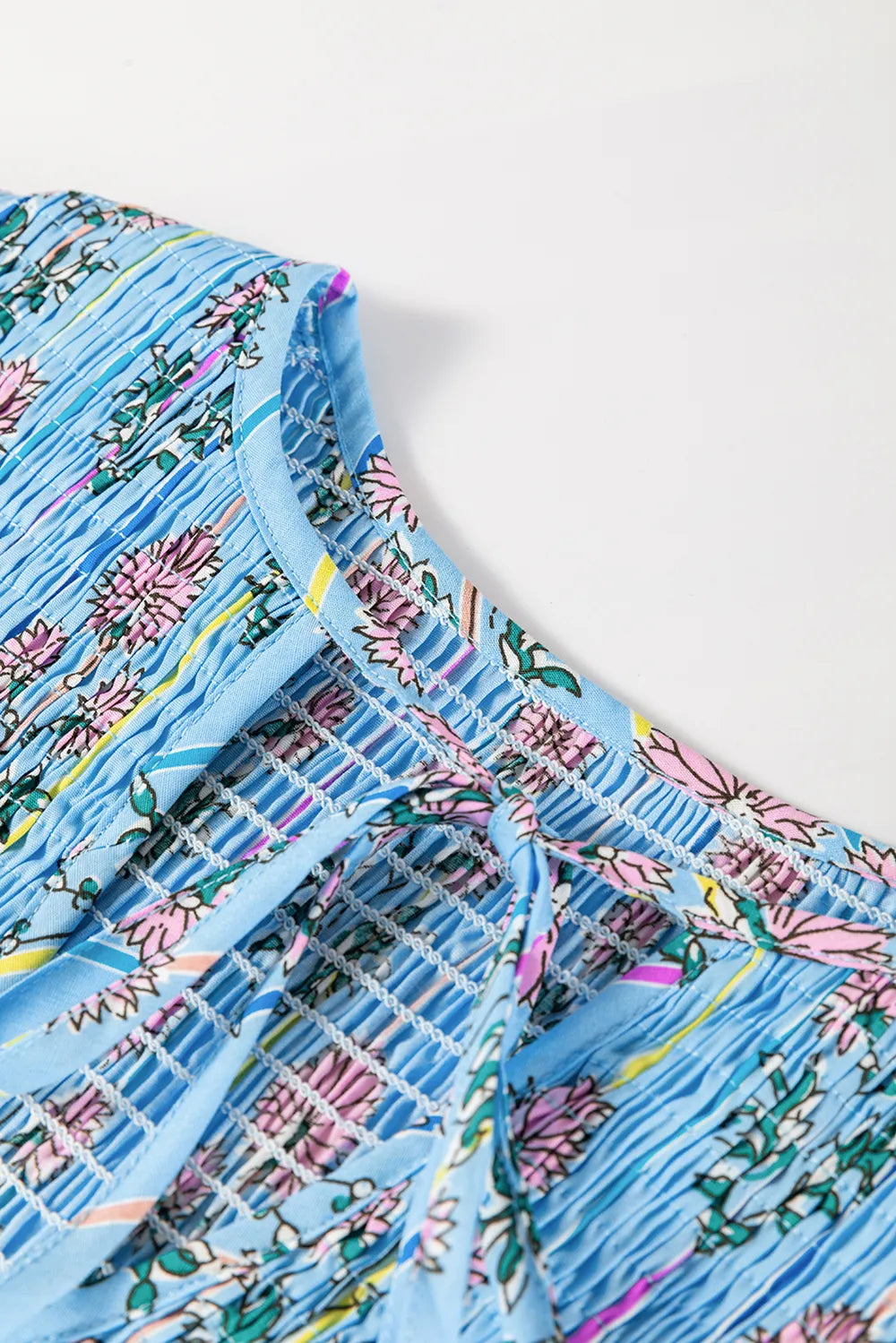 Sarah Express Women's Smocked Floral Print Tie Neck Blouse