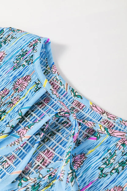 Sarah Express Women's Smocked Floral Print Tie Neck Blouse