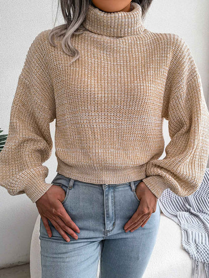 Sarah Express Women's Mixed Color Turtleneck Sweater - Lantern Sleeve Knit Pullover