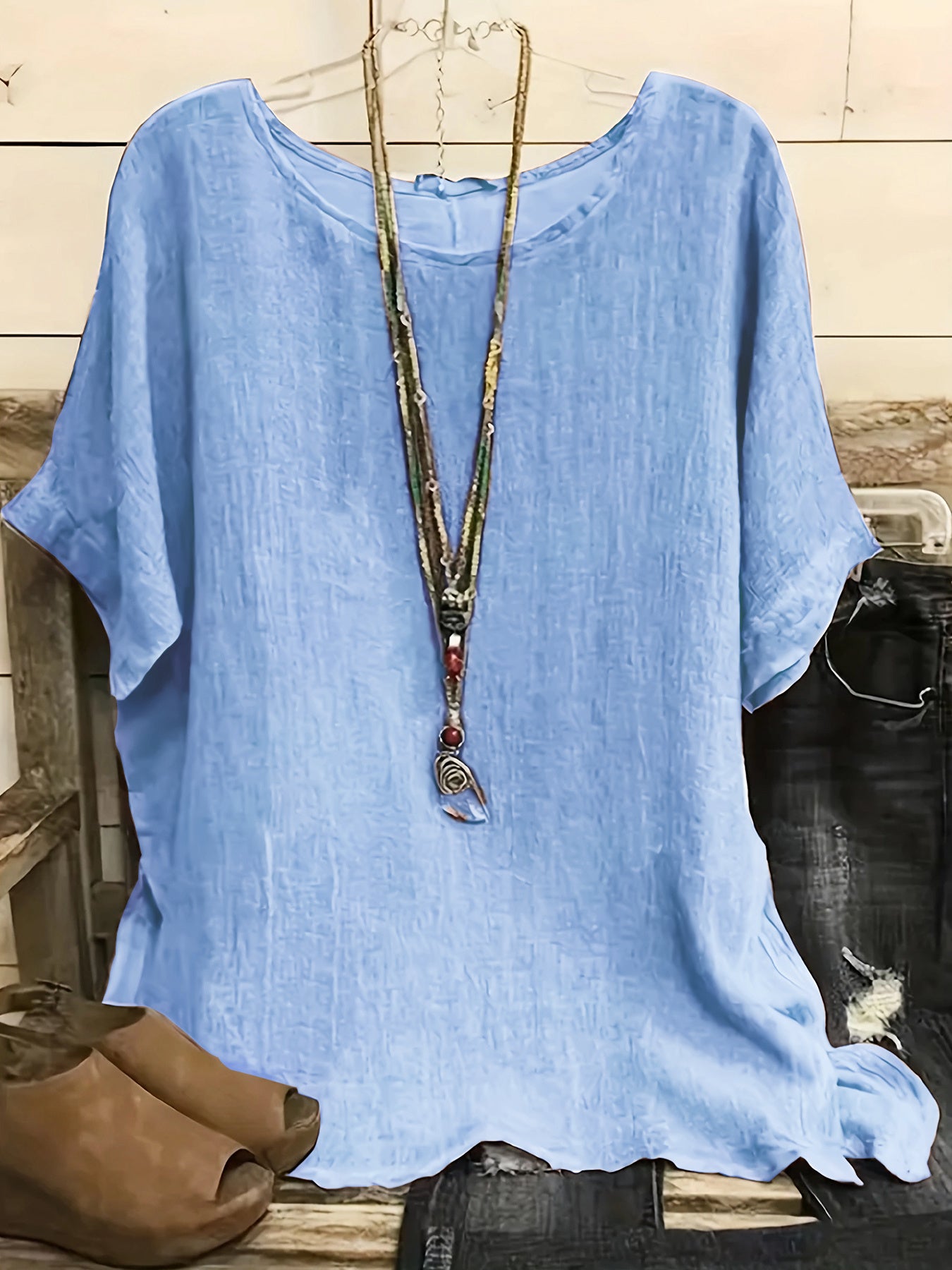 Sarah Express Women's Cotton Blend Round Neck Blouse 3/4 Sleeve Loose Fit Top