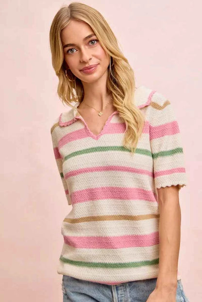 Sarah Express Women's Multi Color Striped Collared Knit Top - Ribbed Preppy Sweater