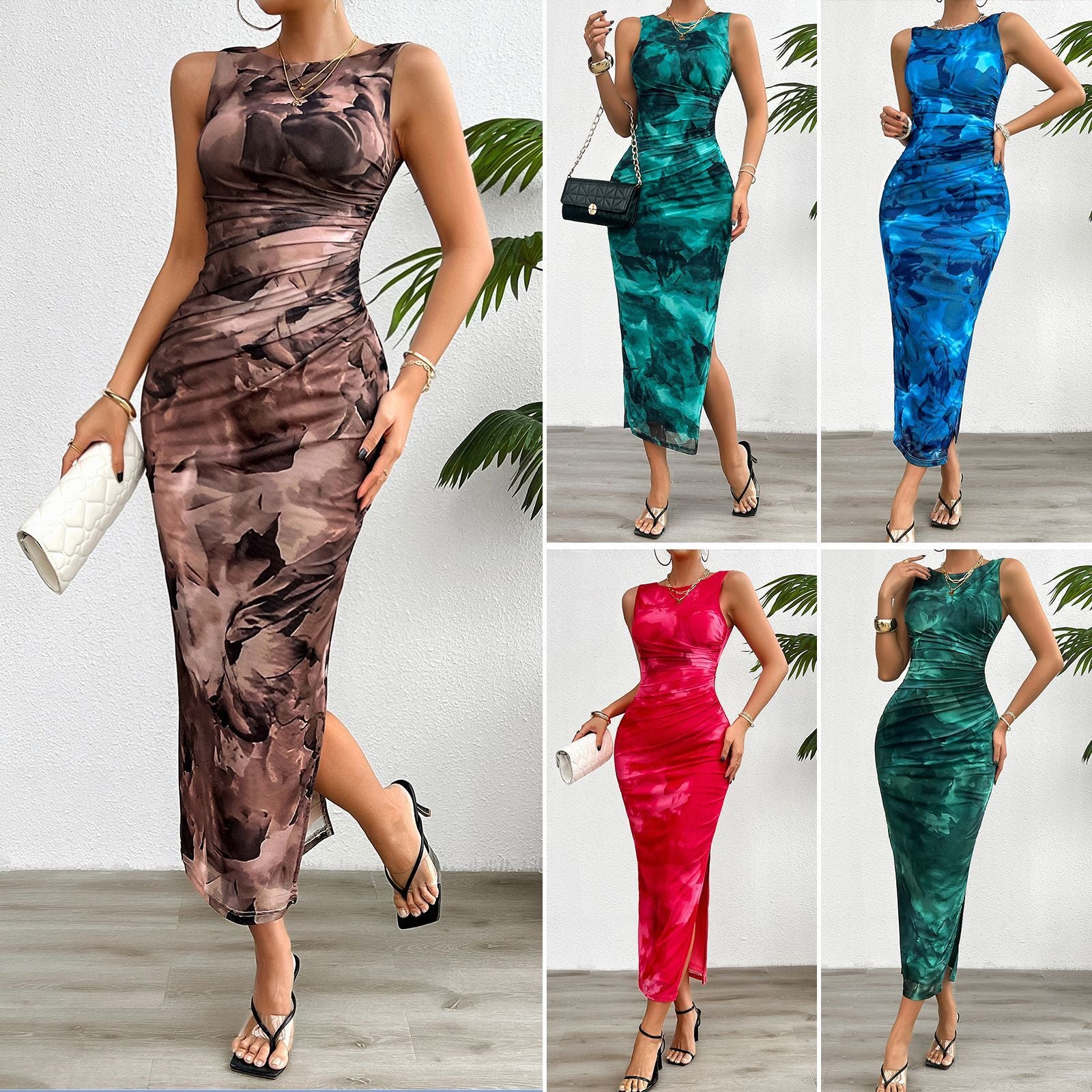 Sarah Express Women's Sleeveless Mesh Maxi Dress Elegant Slim Fit Bodycon Evening Cocktail Gown