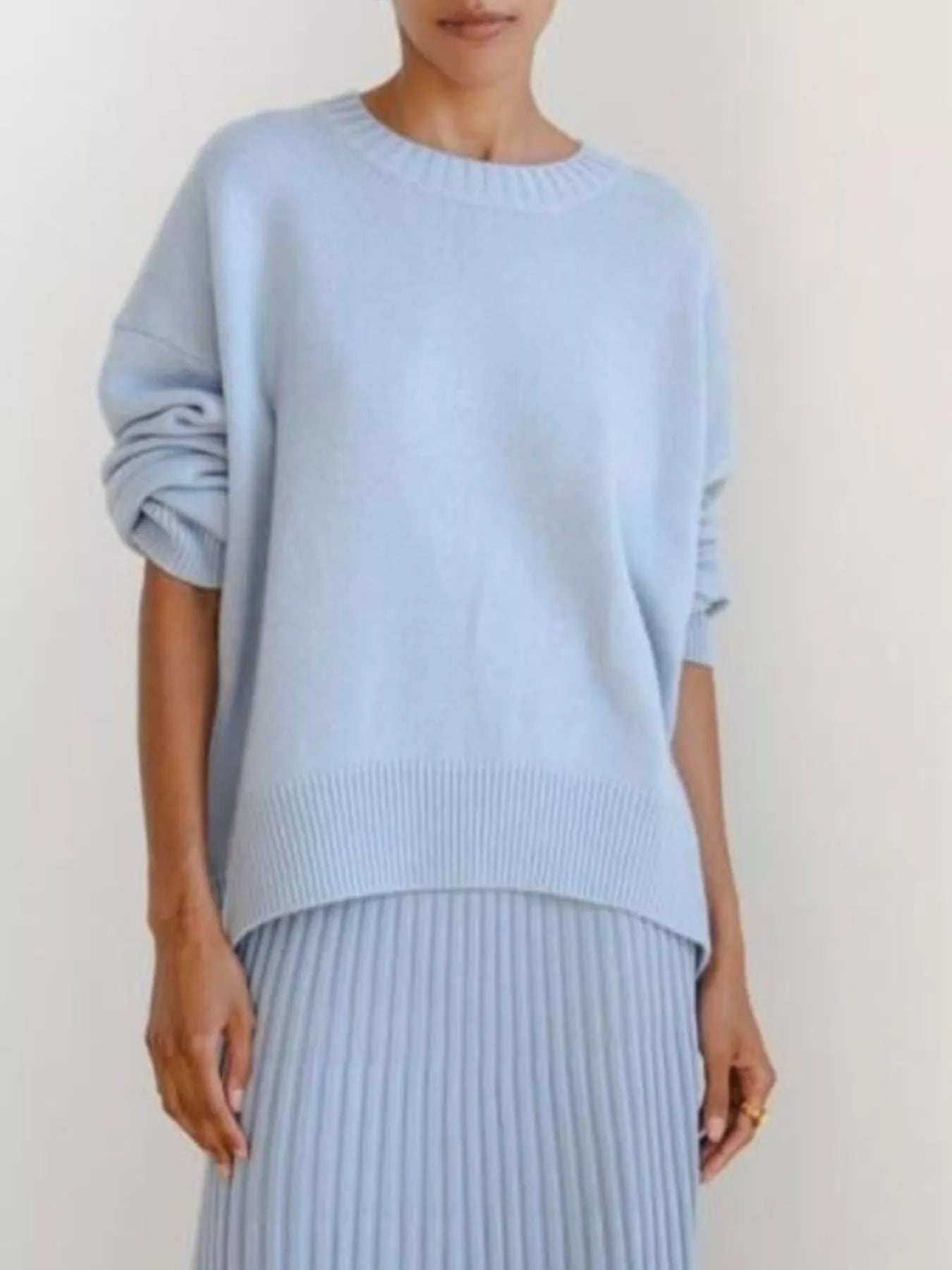 Sarah Express Women's Ribbed Hem Round Neck Sweater Light Blue One Size