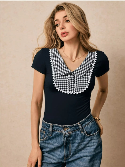 Sarah Express Women's Gingham Collar Slim Fit Blouse