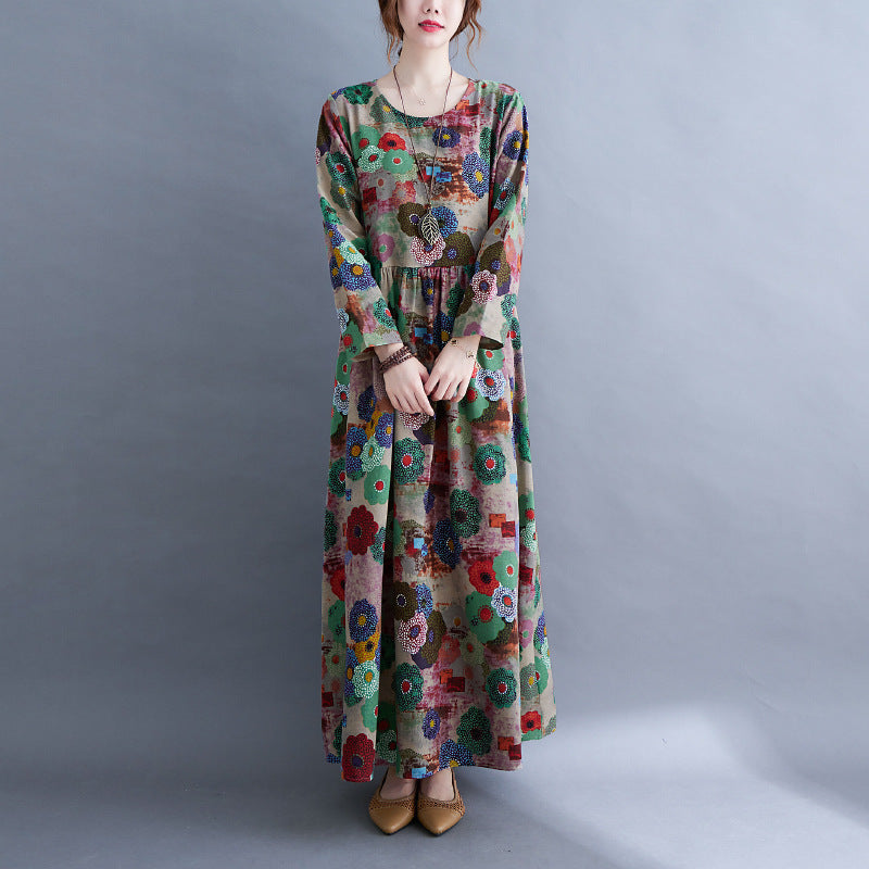 Sarah Express Women's Plus Size Printed Maxi Dress Long Sleeve Cotton Blend Literary Sweet Style