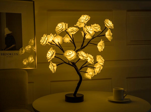 Sarah Express Rose Flower LED Table Lamp - USB Battery Operated Bonsai Tree Night Light for Bedroom Home Decor Black yellow