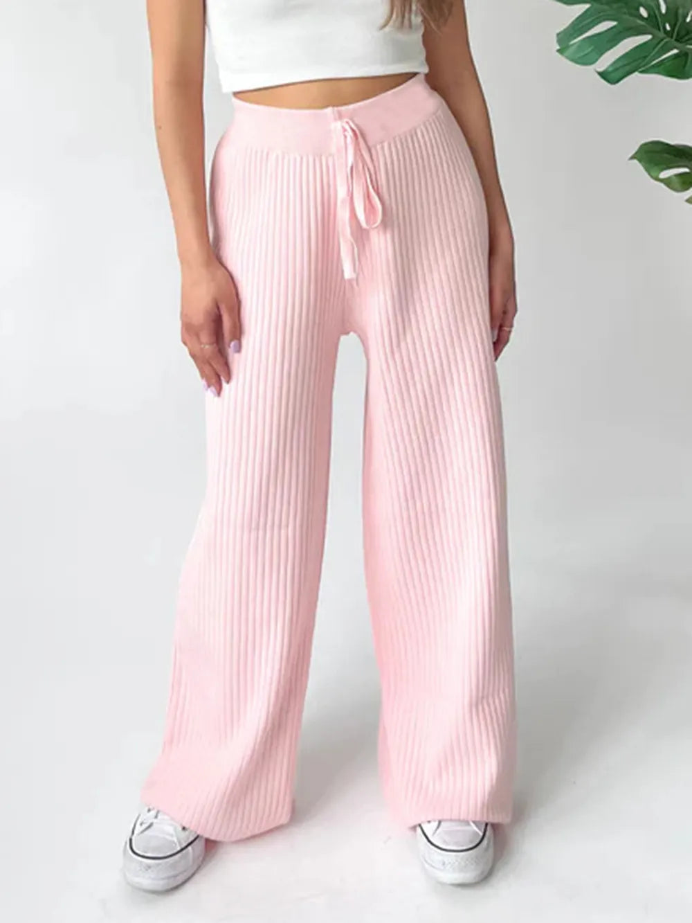 Sarah Express Women's Ribbed Wide Leg Sweater Pants Blush Pink