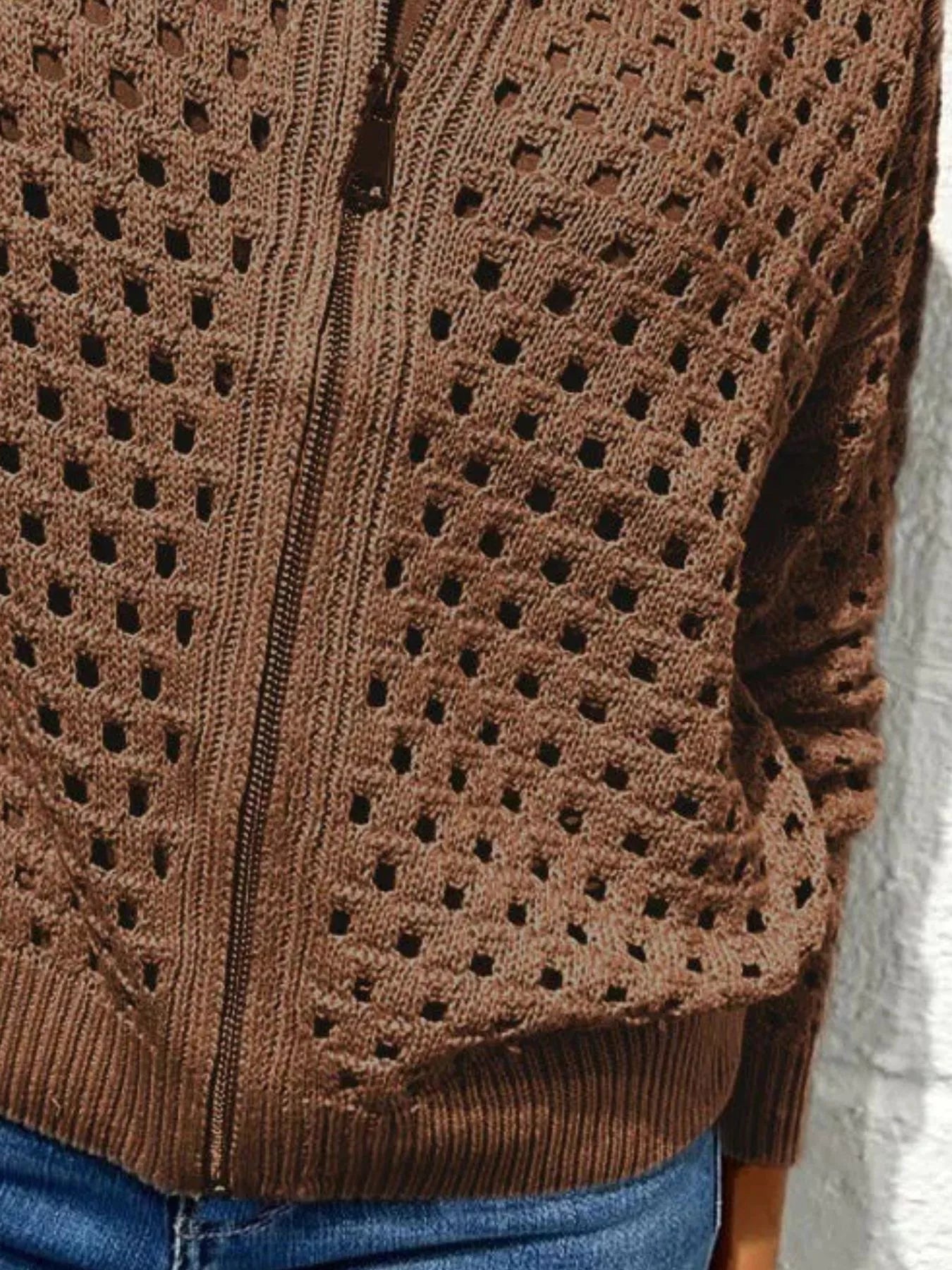 Sarah Express Women's Full Size Zip Up Long Sleeve Cardigan with Eyelet Detail Plus Size