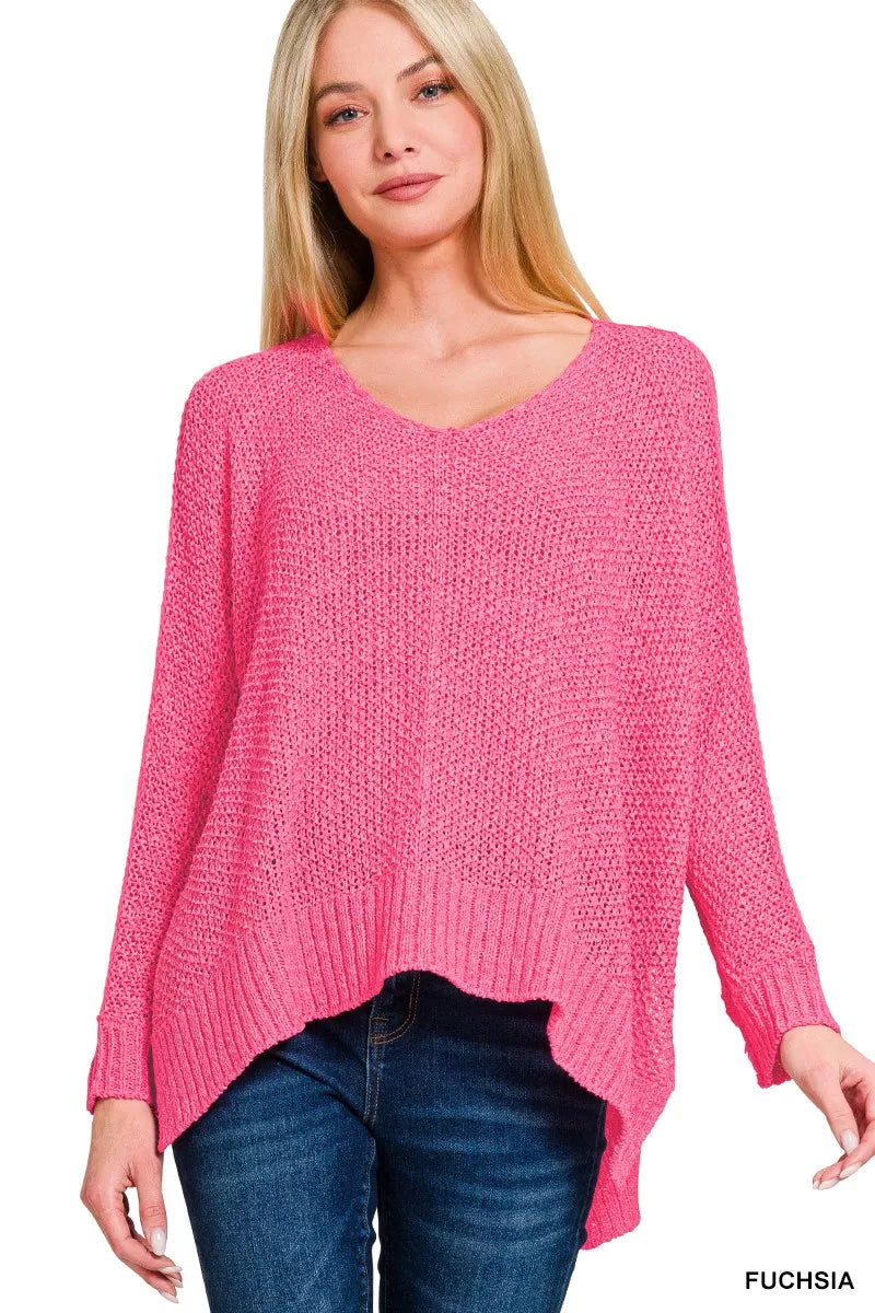 Sarah Express Women's Dolman Sleeve V-Neck Sweater - Cozy Relaxed Fit Knitwear FUCHSIA