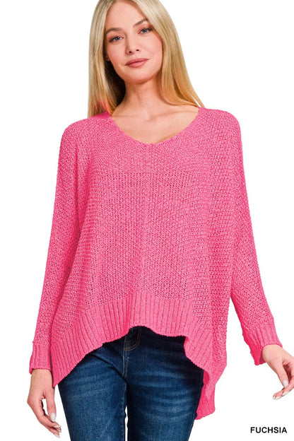 Sarah Express Women's Dolman Sleeve V-Neck Sweater - Cozy Relaxed Fit Knitwear FUCHSIA