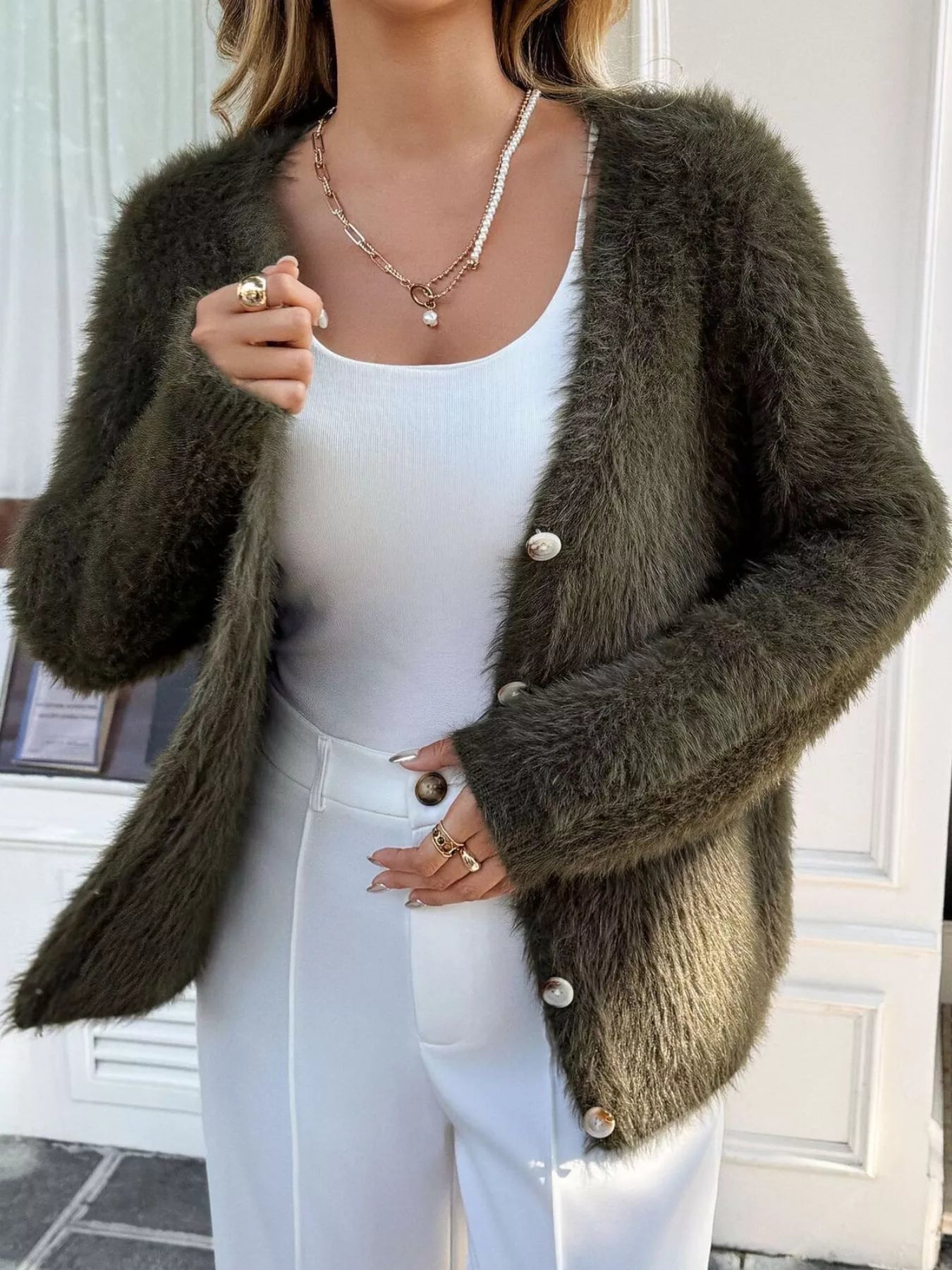 Sarah Express Women's Fuzzy Knit Button-Up Cardigan