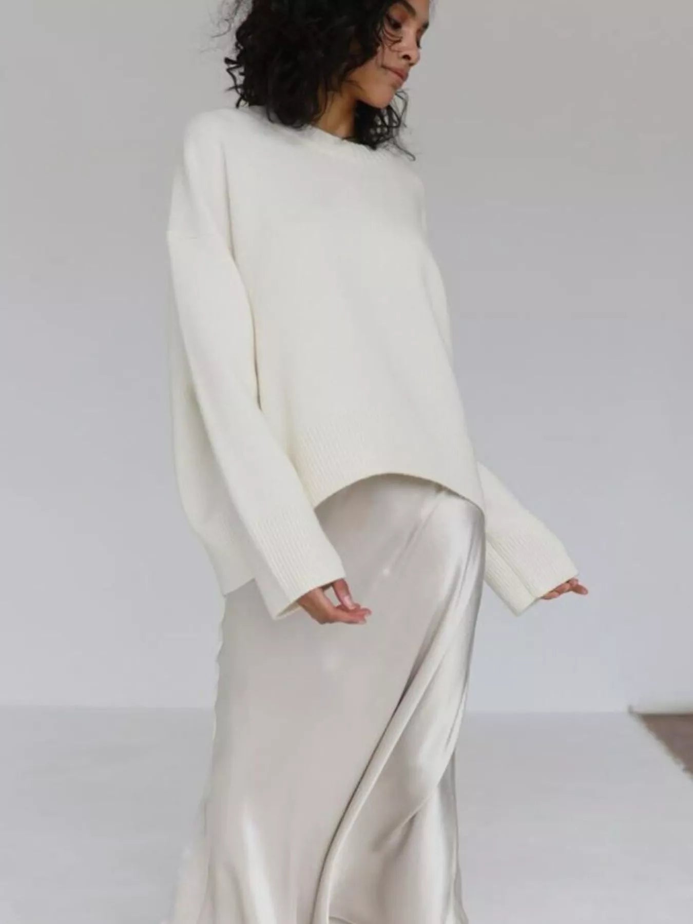 Sarah Express Women's Ribbed Hem Round Neck Sweater