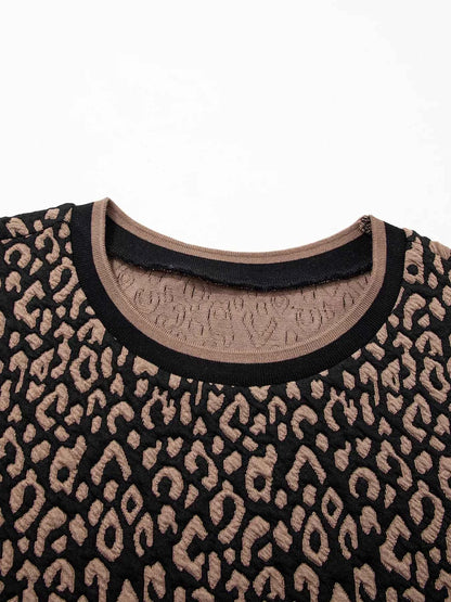 Sarah Express Women's Leopard Print Puffy Sleeve Top - Round Neck Contrast Trim Blouse