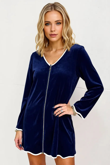 Sarah Express Women's Wave Contrast Trim V-Neck Zip Up Long Sleeve Mini Dress Navy