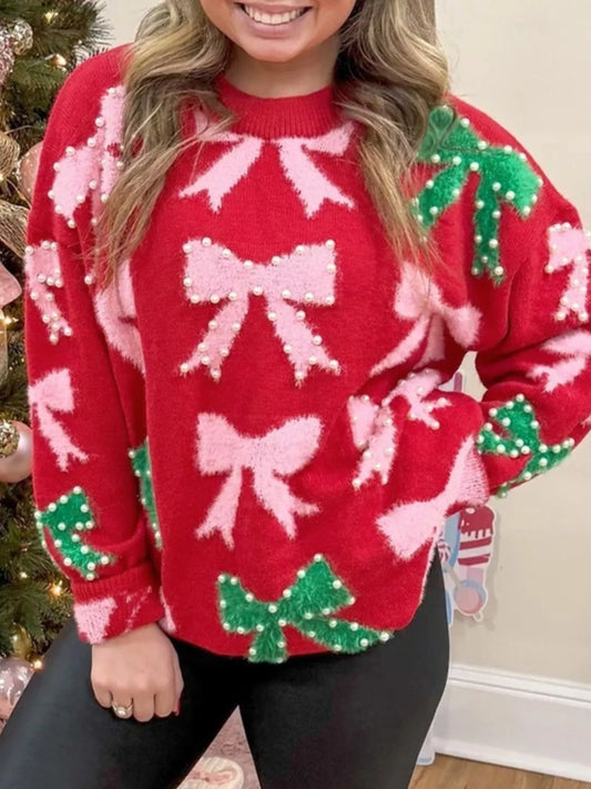 Sarah Express Women's Bow Pearl Embellished Christmas Holiday Sweater