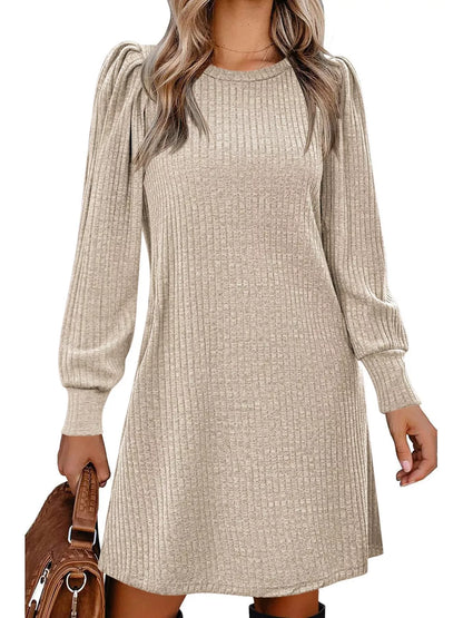 Sarah Express Women's Ribbed Knit Puff Sleeve Mini Dress